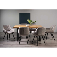 Ramsay Oak 6 Seater Rectangular Dining Table And Dali 6 Grey Velvet Chairs Dining Set