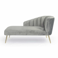 Velvet Fabric Light Grey Chaise with Gold Plated Legs Art Deco Curved Back