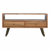 Industrial Style Acacia Wood 2 Drawer Media Unit With Open Slot And Iron Legs 47 x 90cm