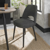 Modern Scandi Dark Grey Fabric Dining Chair Black Legs Open Back