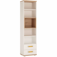 Kids Tall Slim Narrow Light Oak and White High Gloss 2 Drawer Bookcase Orange Handles