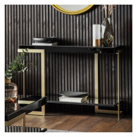 Modern Black Glass Top Single Shelf Hallway Console Table with Gold Metal Angular Frame 120cm