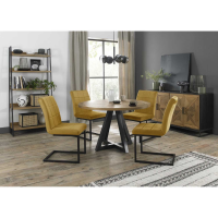Modern Rustic Oak Small Round 125cm Dining Table Set 4 Yellow Velvet Fabric Cantilever Chairs