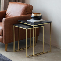 Modern Nest of 2 Occasional Side Tables Black Wood Tops and Brass Steel Legs 55x43cm