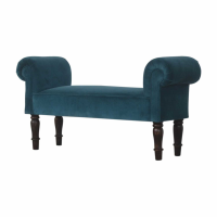 Teal Blue Velvet Fabric Upholstered Large Bench With Walnut Turned Feet