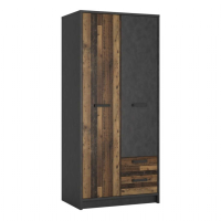 Industrial Brooklyn Dark Matera Grey and Walnut 2 Drawer 2 Door Wardrobe 196x87cm