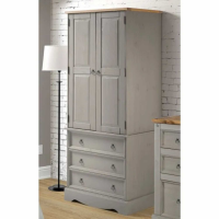 Grey Painted Pine Double Wardrobe with 3 Drawers Tall Narrow