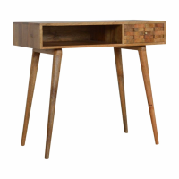 Modern Tile Carved Mango Wood Oak Finish Writing Desk Console Table with Open Shelf