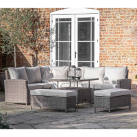 Grey Rattan Garden Corner Sofa Dining Set Rising Coffee Table 2 Benches