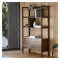 Scandinavian Acacia Wood and Marble 5 Shelves and 2 Doors Open Display Cabinet 158cm Tall