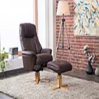 Dubai Brown Plush PU Leather Upholstered Swivel Recliner And Footstool Mid Oak Base