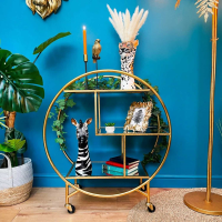 Gin Shu Metal Serving Drinks Hostess Trolley Gold Gilt Leaf 3 Tier Glass Shelves