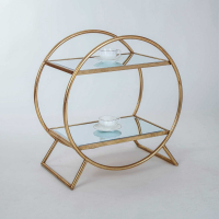 GiGin Shu Parisienne Round 2 Tier Gold Gilt Leaf Metal Glass Shelf Unit 73x68x40cm