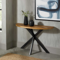 Rustic Oak Hallway Console Table Semi Circular Marquetry Top Cross Metal Base