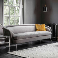 Tesoro Modern 3 Seater Grey Velvet Fabric Sofa with Curved Line Design 221cm Large