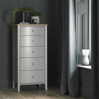 Whitby Scandi Oak Warm Grey Painted Carved 5 Drawer Chest Tallboy 118x56x50cm