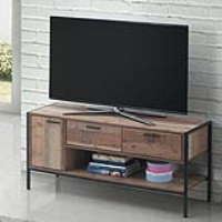 TV Unit Cabinet Rustic Medium Oak Effect Matt Black Metal Frame 2 Drawers 1 Door
