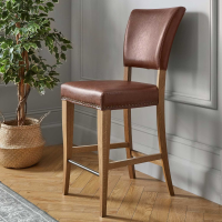Rustic Oak Kitchen Breakfast Bar Stool Brown Tan Faux Leather Upholstered