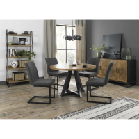 Indus Rustic Oak Small 125cm Round Dining Set 4 Dark Grey Fabric Cantilever Chairs