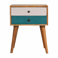 Modern Nordic Style Mango Wood Teal And White Painted 2 Drawer Bedside Cabinet 57 x 45cm