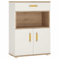 Kids White High Gloss 2 Door 1 Drawer Cupboard Open Shelf Orange Handles