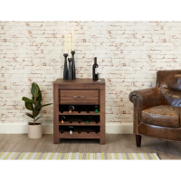 Solid Walnut Open Wine Drinks Storage Rack With Drawer Dark Wood Finish