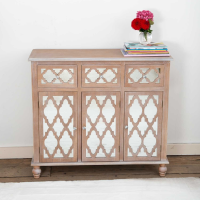 Wood Lattice Mirrored Glass Sideboard 3 Doors 3 Drawers Crystal Glass Knob Handles
