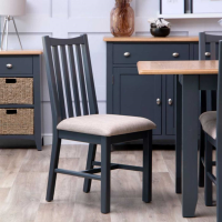 Modern Oak Midnight Grey Painted Fabric Upholstered Slat Back Dining Chair 91 x 39cm