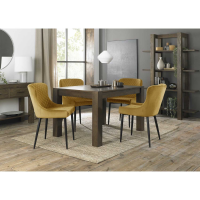 Turin Dark Oak 4 6 Seater Dining Table And 4 Cezanne Mustard Velvet Fabric Chairs with Sand Black Powder Coated Legs