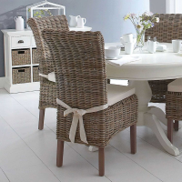 Set of 6 Modern Brown Wicker Dining Chairs with White Fabric Seat Cushion