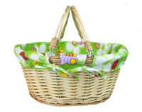 Natural Wicker Shopping Basket with Folding Handles and Green Butterfly & Bees Lining- 41cm
