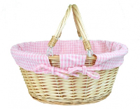 Natural Wicker Shopping Basket with Folding Handles and Pink Gingham Lining- 41cm