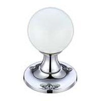 White Glass Ball Door Knobs on Plain Polished Chrome Roses