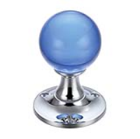 Blue Glass Ball Door Knobs on Plain Polished Chrome Roses