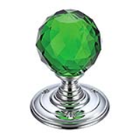 Facetted Green Glass Ball Door Knobs on Polished Chrome Roses