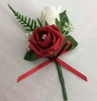 Artificial Double Rose Buttonhole with Gyp and Asparagus Fern - 19cm, Ivory & Ruby Red