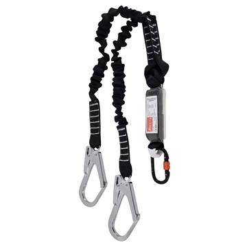 ARESTA Twin Elasticated Webbing Lanyard with Carabiner, 2 Scaffold Hooks and Shock Absorber - 1.8m