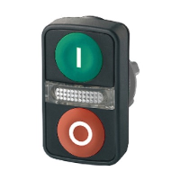 Schneider Harmony XB5 Green Flush/Red Flush Double Pushbutton Actuator with Central Pilot light 22.5mm Spring Return Dark Grey Plastic Bezel