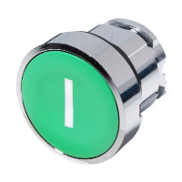 Schneider Harmony XB4 Green Flush Pushbutton Actuator with 'I' symbol 22.5mm Spring Return Chrome Bezel