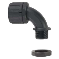 Flexicon FPA-90 Black 90 Degree Fitting for FPAS54 Conduit with 63mm Male Thread. Includes Locknut