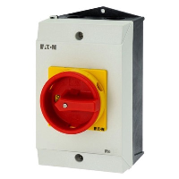 Eaton T3 32A 15kW 6 Pole Enclosed Isolator IP65 Plastic Enclosure with Red/Yellow Handle 1 x N/O & 1 x N/C Auxiliary 180H x 100W x 135mmD