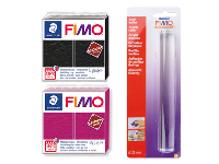 Fimo Leather Effect Starter Set,   2x57g Blocks Berry  And Black  And Clay Roller