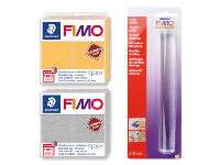 Fimo Leather Effect Starter Set,    2x57g Blocks Dove  Grey And Saffron Yellow  And Clay Roller