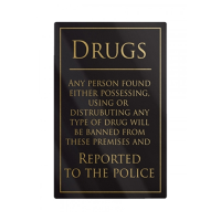 Drugs Warning Notice Sign Black/Gold S/A 260x170mm