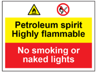 Petroleum spirit highly flammable, no smoking or naked flames safety sign.