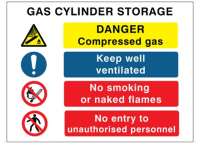 Gas cylinder storage safety symbol and text sign.