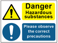 COSHH. Dangerous hazard substances, correct precautions sign.
