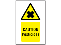 Caution pesticides symbol and text safety sign.