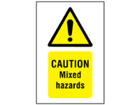 Caution mixed hazards symbol and text safety sign.