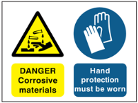 Danger Corrosive materials, Hand protection must be worn safety sign.